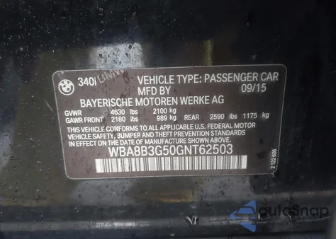 2016 BMW 340I z USA, uszkodzony, nr VIN WBA8B3G50GNT62503